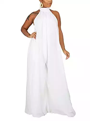 Ekaliy Women’s Sexy Summer Jumpsuit Halter Neck Sleeveless Chiffon Wide Leg Long Pant Jumpsuit Romper One Piece Party Outfit White Small
