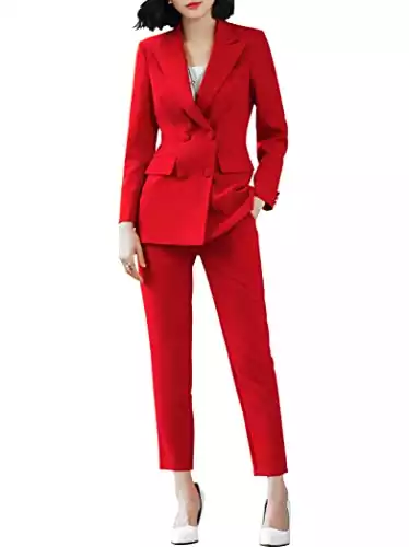 LISUEYNE Women’s Two Pieces Blazer Office Lady Suit Set Work Blazer Jacket and Pant (Red, Large)