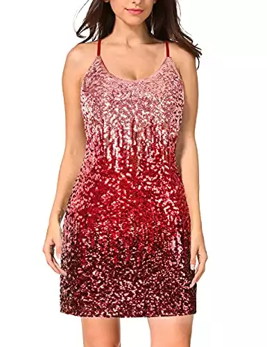 MANER Women's Glitter Sequin Dress Adjustable Spaghetti Strap Sparkle Party Dresses (Canyon Rose/Burgundy/Ruby Red, Medium)
