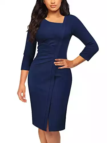 AISIZE Women's Retro Classy V-Neck Stretch Business Wrap Bodycon Dress Medium Navy Blue