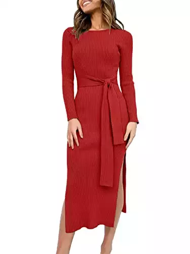 ANRABESS Women's 2022 Elegant Sweater Dress Long Sleeve Crewneck Tie Waist Slim Fit Knit Slit Midi Dress 623zhongguohong-S Red