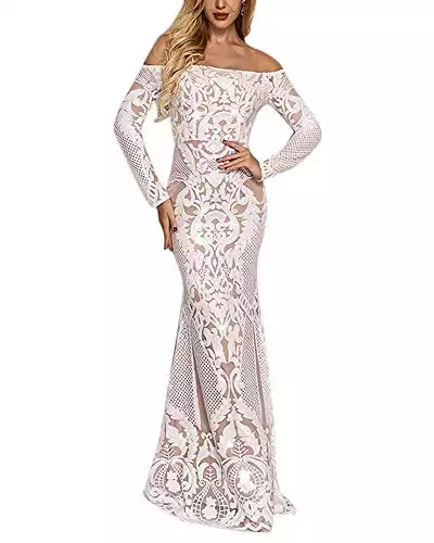 Yissang Women's Off Shoulder Floral Sequined Wedding Evening Mermaid Dress Bridal Gowns White Small
