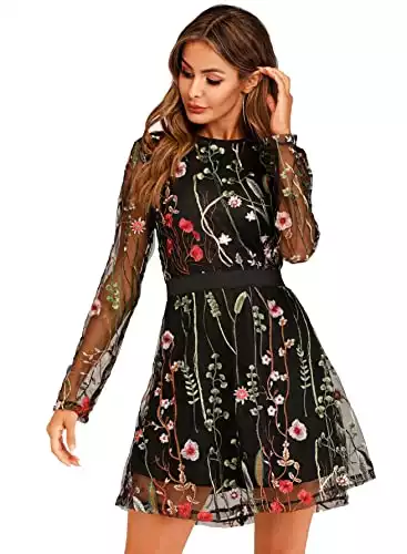 Milumia Women's Floral Embroidery Mesh Round Neck Tunic Party Dress Black Large
