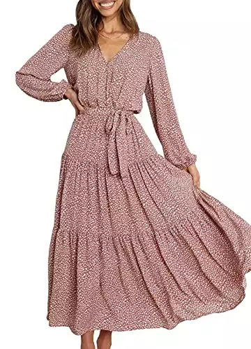PRETTYGARDEN Women’s Long Sleeve V Neck Leopard Print Ruffle Maxi Dress Tie Waist Boho Chiffon Flowy Long Dress (Pink, Large)