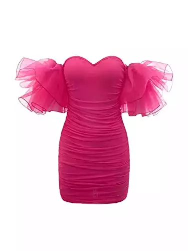WDIRARA Women's Off Shoulder Flutter Half Sleeve Ruched Mesh Cocktail Bodycon Mini Dress Hot Pink L