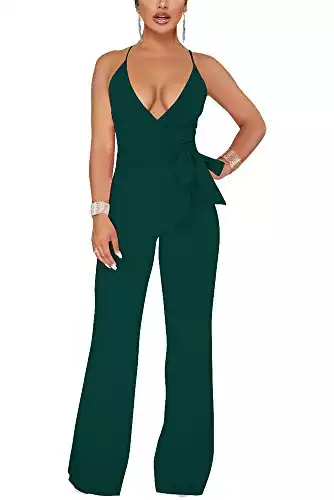 Aro Lora Women's Sexy V Neck Sleeveless Backless Long Wide Leg Pant Jumpsuit Romper Large Army Green