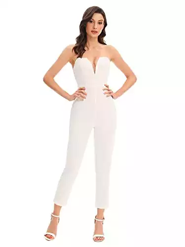 Romwe Women's Elegant Off Shoulder Sweetheart Neck Sleeveless Strapless Stretchy Party Romper Jumpsuit White XS