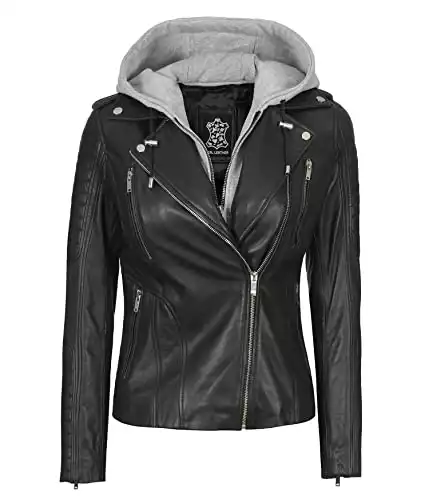 fjackets Leather Jackets For Women -- Removable Hood Real Lambskin Bagheria Black Leather Jacket Women | [1303505] XL
