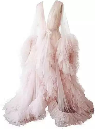 Ladies Dressing Gown Perspective Sheer Long Robe Puffy Tulle Robe Sheer for Maternity Photoshoot
