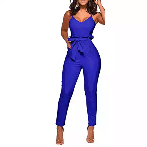 IyMoo Sexy Jumpsuits for Women Clubwear-Spaghetti Strap V Neck Bodycon Tank One Piece Jumpsuits Rompers Blue XL