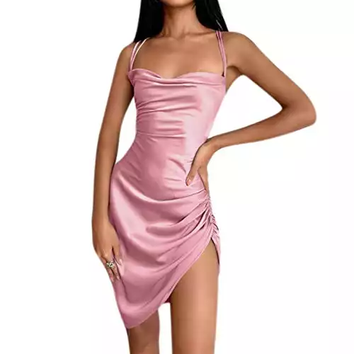 JUMISEE Women Satin Ruched Lace Up Bodycon Mini Dress Sexy Backless Spaghetti Strap Party Dress for Cocktail Clubwear Pink