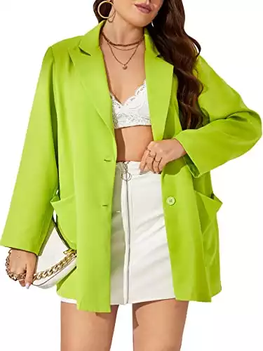 MakeMeChic Women's Plus Size Button Front Lapel Neck Long Sleeve Blazer Jacket Coat with Pockets Lime Green 0XL
