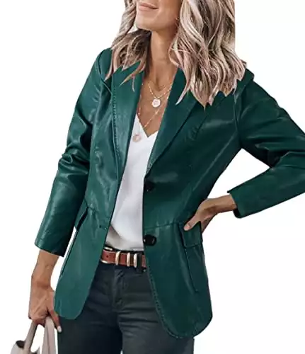 Danedvi Women's Fashion Faux PU Leather Moto Biker Jacket Slim Coat Casual Lapel Blazer Suit Long Sleeve Button Outerwear (Green,Small)