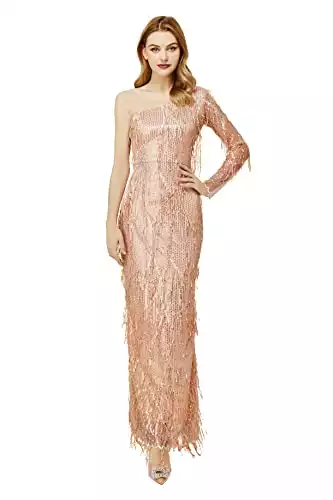BABEYOND Evening Gown for Women – Prom Dress One Shoulder Beaded Long Cocktail Dress for Party