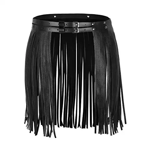 FEESHOW Women's Faux Leather Adjustable Double Waist Belt Fringed Skirt with Buckles Black One Size