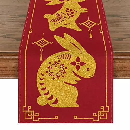 Artoid Mode Chinese Zodiac Rabbit 2023 Happy New Year Table Runner, Spring Festival Winter Kitchen Dining Table Decoration for Home Party Indoor 13x72 Inch