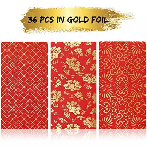 Heavy Duty Chinese New Year Red Envelopes 2023, Red Pocket Envelopes Chinese Red Packets Hong Bao Gift Money Envelopes Lucky Money Envelopes, 3 Designs 36-Pack, 3.5 x 6.7 Inches (Gold)
