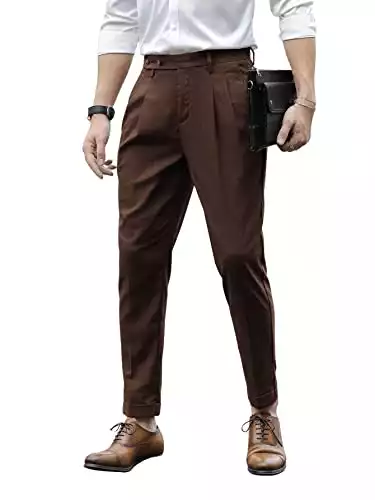 SweatyRocks Men's High Waist Fold Pleated Crop Suit Pants Work Office Business Long Trousers with Pockets Coffee Brown L