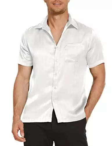 COOFANDY Standard Fit Button Down Shirt Men Summer Vacation Shirts Lightweight Casual Shirt Silky White