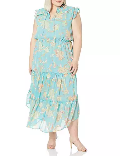 Jessica Simpson Women's Plus Size Katie Ruffle Trim Three Tier Maxi Dress, Marine Blue Paisley Grove, 2X
