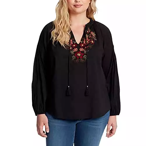 Jessica Simpson Women's Alina Embroidered Front Peasant top, Black, XSmall
