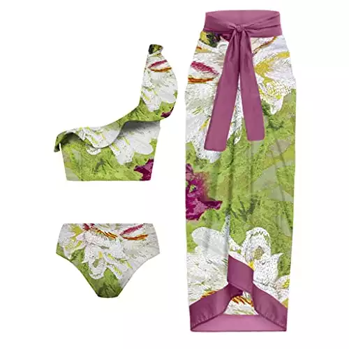 HOUKAI Ruffled Flower Print Bikini High-Waisted Slimming Swimsuit Chiffon Blouse Backless Sexy (Color : D, Size : X-Large)